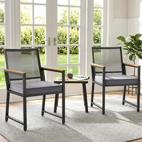 LIFERUN 3 Pieces Bistro Set, Outdoor Table 2 Wicker Chairs Furniture(Grey) | 7cm Waterproof Cushions, Rattan Garden Furniture Set for Patio Balcony Backyard