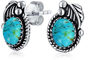 Boucles d'oreilles clous ovales en turquoise stabilisée de style amérindien avec bordure en corde et feuille, bijoux western pour femmes en argent sterling oxydé .925