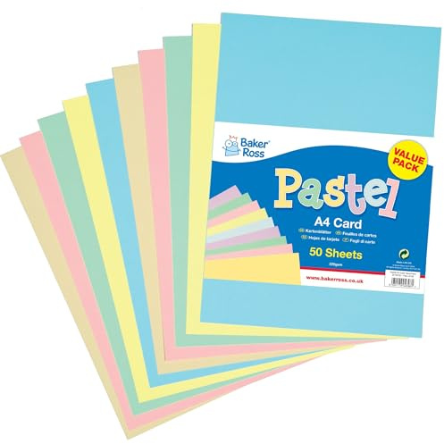 Baker Ross E10072 pastellfärgad kartong i A4 (50 stycken, 220 g/m²) för pyssel och dekoration