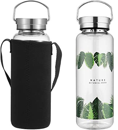 Glass Water Bottle 1 Litre Wide Mouth with Leak Proof Lid Neoprene Sleeve Bpa Free Portable for Home Office Gym Sports Travel