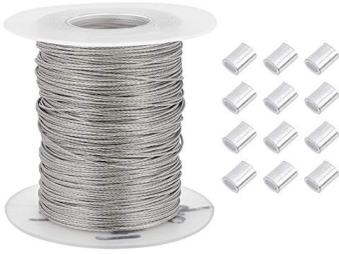 PH PandaHall 100m Filo Acciaio per Appendere Quadri 0.6mm Filo in Acciaio Inox Cavo Intrecciato con 30pz Manicotto a Crimpare per Cornice per Foto Lamp Tende Giardino