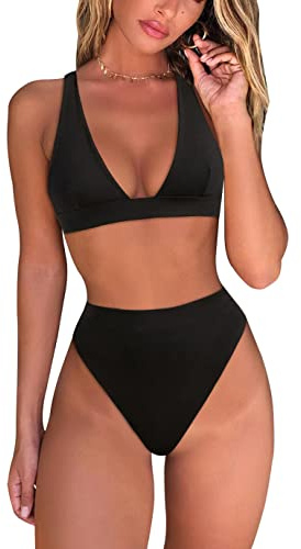 Fatty Tiger Maillot de Bain 2 pièces Sexy Taille Haute avec String et Haut Triangle brésilien et col en V Profond pour Femme, Noir, Taille L
