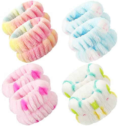 4 Pares Muñequeras de SPA Absorbentes Muñequeras de Lavar Cara Banda de Lavado de Muñeca Pulsera de Microfibra Coletero de Toalla para Mujer Evitar Líquido se Derrame (Color Vivo, Estilo Clásico)