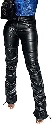 Sumleno High Waist Stacked Pants for Women Faux Leather Ruffle Ruched Leggings Y2k Black Pleated Sexy Aesthetic Streetwear (L,Black)