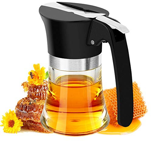 Dodamour Bec verseur de sirop d'érable de 95,8 g avec couvercle en alliage de zinc – Distributeur anti-goutte pour miel, huile et sauces petit déjeuner, récipient en verre transparent avec poignée