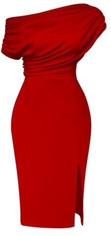 Memoriesea Women's Elegant Off Shoulder Split Hem Bodycon Ruched Midi Club Party Dress Red
