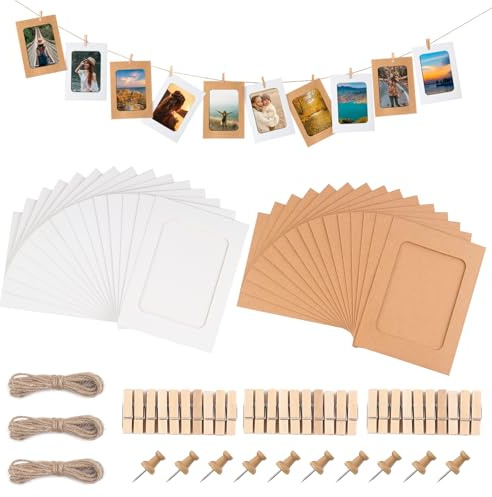 JINTANG 30 Pcs cadre photo carton,10 x 15 cm DIY Kraft Cadre Photo en Papier,guirlande photo,Décoration murale suspendue avec 30 clips et 3 kits de ficelle de chanvre (marron + blanc)