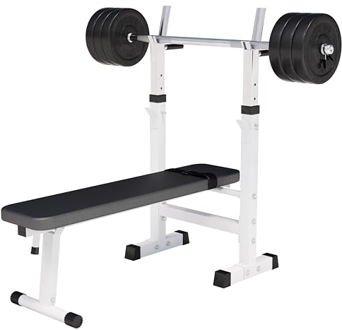GORILLA SPORTS® Hantelbank - inkl. Hantelset 38/70/100kg, Ablage, Dip-Station, Höhenverstellbar, Klappbar, bis 200kg, Schwarz/Weiß - Trainingsbank mit Langhantelset, Drückerbank, Schrägbank, Flachbank