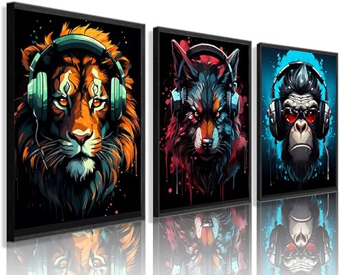 3pce Gaming Colorful Graffiti Animals Wall art with Sunglasses Gorilla lion Wolf Bedroom Posters Prints Gamer Gaming Painting Headphones Music Game Boys Canvas teenager Room Kids Decor unframed