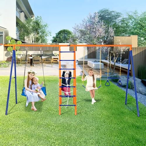 VEVOR 6 in 1 Set with 2 Swings, Trapeze Bar, Ladder, Climbing Net, and Basketball Hoop, 440lbs Load Capacity Heavy-Duty Metal Swingset Outdoor for Kids Ages 3+, Blue, Large