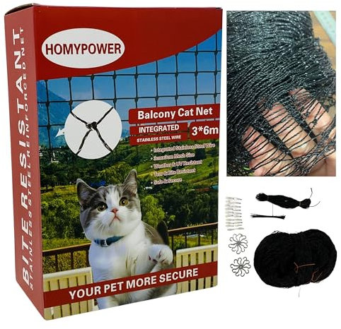 HOMYPOWER Cat Netting Balcony, 10x20 ft Stainless Steel Reinforced Bite Tear UV and Weather-Resistant Anti-Fall Netting for Pets, Safety Net for Cat, Small Catio for Apartment Balcony Protection