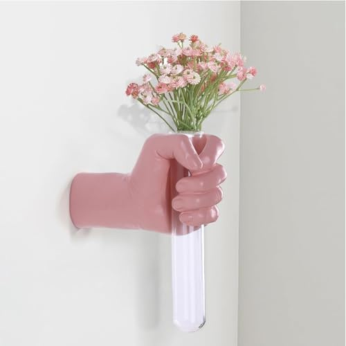 Pink Wall Sculptures, Hand Vases Home Decor, Wall Mount Art Sculpture, Unique Wall Art Statue, Funky Flower Vase Decorations, Modern Eclectic Hanging Decor,Glass Test Tube Vase