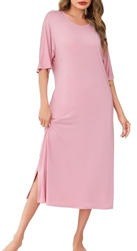 Wikoan Donna Sleepwear Collo Rotondo Manica Corta Camicia da Notte Lunga Morbida con Tasche,Rosa Carne,XXL