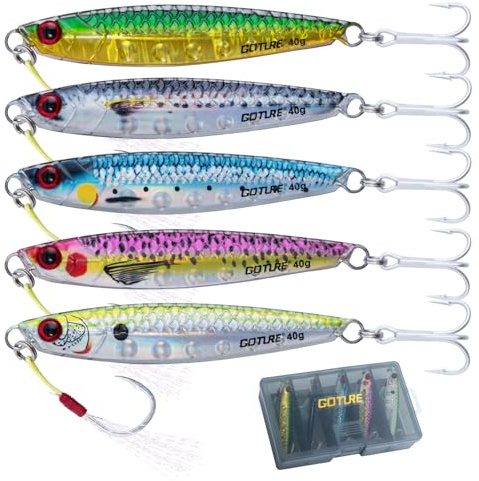 Goture 5 Stück Kunstköder Set, Angelköder Pilker Wobbler Fischlöffel Fischköder für Salzwasser Süßwasserforellen Lachs, Forelle, mit Kopf Einzelhaken & Heller Draht Schwanz DREI Haken Köder 40g