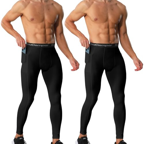 NuCamper Kompressionsbyxor För Män, Atletisk Tights Fickor, Herr Löparbyxor Långa, Termisk Baslager, Snabbtorkande, Tajta Andas, Funktionella, För Träning Löpning Fitness Jogging Sporter Gym Basket