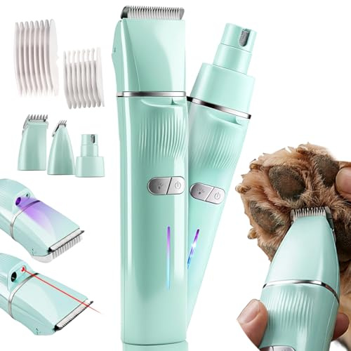 JOY & EMOTION® 6 in 1 Schermaschine für Katzen und kleine Hunde, Hundeschermaschine mit Laser und UV-Licht zur Erkennung von Wunden | Kabellose Tierhaarschneidemaschine | LEISER Pfotentrimmer Hunde