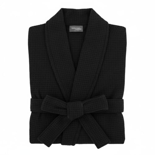 Velosso 100% Cotton Waffle Textured Hotel Bathrobes Mens Womens Unisex Soft Hotel Dressing Gown, Kimono, Bathrobe, Loungewear (UK, Numeric, 20, Regular, Regular, Black)
