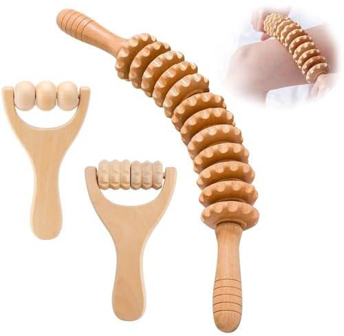 Fasciarulle trä, set med 3 stycken massagerullar trä, fasciastav med handtag, massageskoter, multifunktionellt massageverktyg, massagerulle för plast, för rygg, nacke, ben
