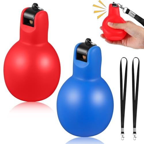 Rotatingpals Hand Squeeze Whistles with Lanyards Multicolored Coach Whistle for Coaches Referees Handheld Sports for Indoor Outdoor Home Sports, Soft PVC(2 Pcs,Red, Blue)