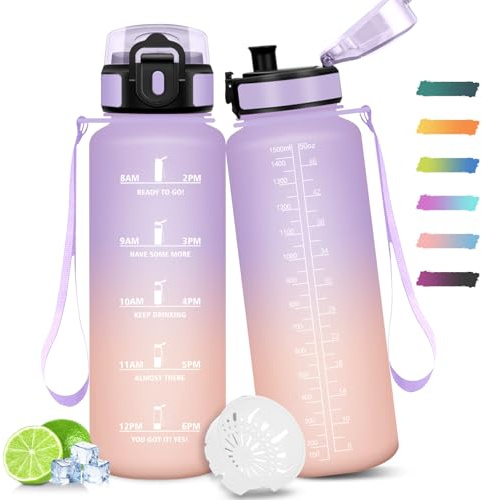 Mulbijeo Borraccia 1,5 Litri, Indicatore del Tempo, A Prova di Perdite, Borraccia Motivazionale, senza BPA, Riutilizzabile, Bottiglia Acqua per Palestra, Lavoro, Campeggio, Escursionismo
