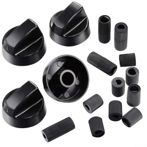Stove and Oven Control Knobs Replacement Set with 4 Black ABS Knobs and 12 Mixed Size Adapters for Ranges RVs and Camping Cooking Appliances, Inner Diameter 0.43 Inch