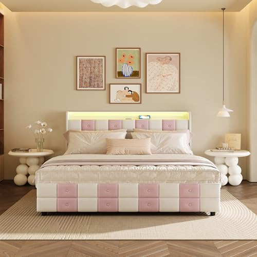 Letto matrimoniale imbottito 160 x 200 in velluto rosa e bianco, letto moderno con 4 cassetti e porte USB testiera imbottita imbottita con illuminazione a LED, letti per 2 persone (rosa+bianco)