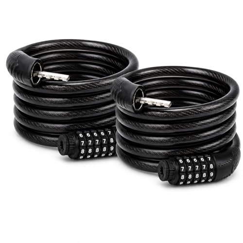 Bike Lock 2 Pack, 5 Digit Combination Cable Locks, Heavy Duty 1M Black Steel Bicycle Security Locks, Keyless Coiled Cycle Locks for Bikes, Scooters, Strollers, Gates and Garden Equipment