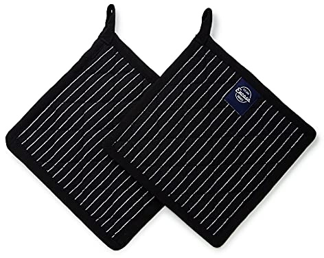 Encasa XO 21 cm Oven Microwave Potholders (2 pc Set) for Kitchen Cooking & Baking - Heat Resistant, Thick & Safe, Protection of Hands from Hot Utensils - Butcher Stripes Black