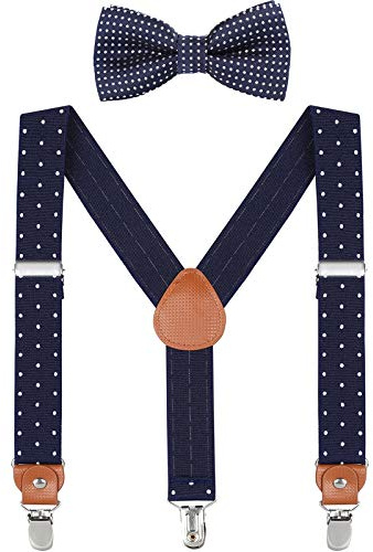 Bretelle regolabili con papillon in seta per ragazzi e ragazze by WELROG (Blu navy&Puntini bianchi+Blu navy Punto d'onda cravatta a farfalla, 60cm (7 mois - 3 ans))