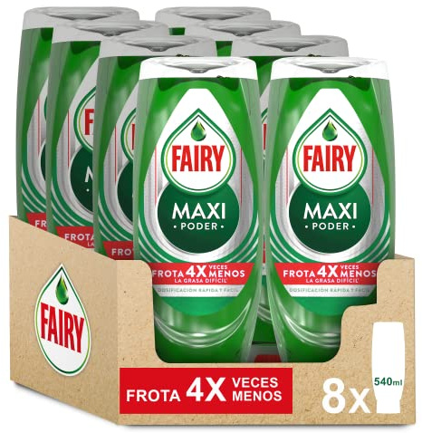 Fairy, Maxi Poder Lavavajillas Liquido a Mano, 4,3 L (8 x 540 ml), Con Poder Antigrasa, Limpieza Facil Platos, Ollas Y Sartenes Mas Grasientas