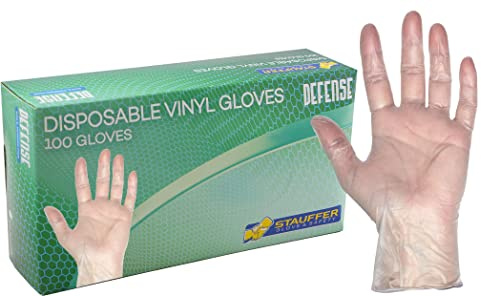 Clear Disposable Vinyl Gloves, Stauffer Defense, Powder Free, 10 Long Cuff, Tough & Strong - 2XL (Box of 100)
