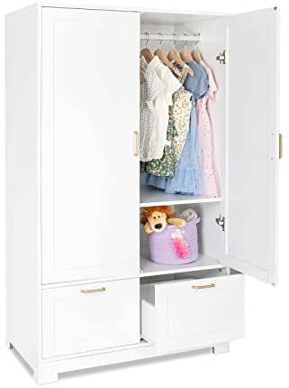 VINGLI 35 Wide White Armoire Wardrobe Closet with Adjustable Shelves and Drawers, Freestanding Closet Wardrobe Cabinet, Bedroom Armoires and Wardrobes with Doors for Kids' Room, Dorm