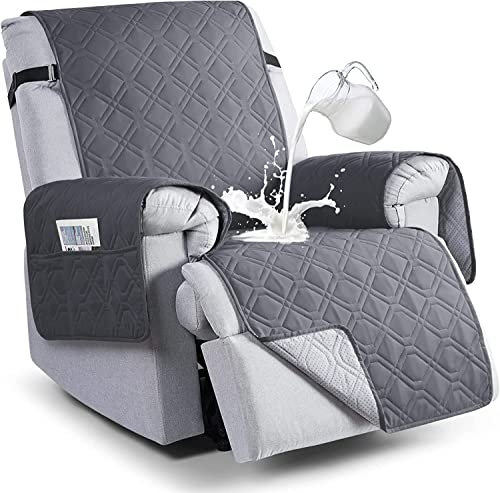 FASCINATDECO Sesselschoner für Relaxsessel Fernsehsessel 1 Sitzer Gesteppt Sesselschoner Sesselauflage Relax mit Armlehnen und Taschen Wasserdicht Sesselüberwürfe Sesselbezug (Dunkelgrau,Klein)