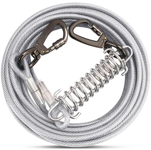 Cable de amarre plateado para perros con gancho giratorio de resorte, cadenas de perro resistentes para exteriores, correas de cable para patio, camping, para perros de hasta 500 libras (15 m)