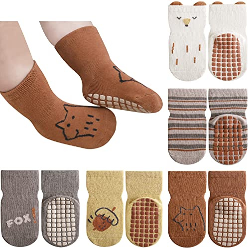 Adorel Calcetines Antideslizantes con Suela Goma Zapatos para Bebé Pack de 5 Fantasia de Animales 1-3 Años (Talla del Fabricante M)