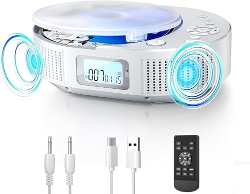 DESOBRY Lecteur CD Portable avec Bluetooth 5.0, Haut-Parleur HiFi, Lecteur de Musique CD avec télécommande, Radio FM Boombox Rechargeable, écran LED, Support AUX/USB