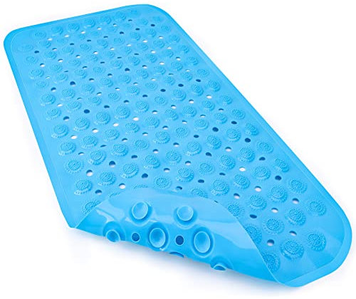 Tapis de bain antidérapant et anti-moisissure, extra long avec trous de drainage et ventouses - Lavable en machine - En caoutchouc - 70 x 35 cm - Bleu