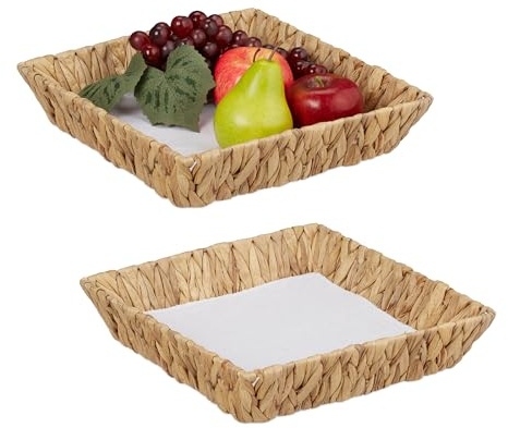 Relaxdays Set 2 Fruteros, Fibra Jacinto de Agua, Cuencos Cuadrados para Frutas o Pan, 7x30x30 cm, Estilo Boho, Natural
