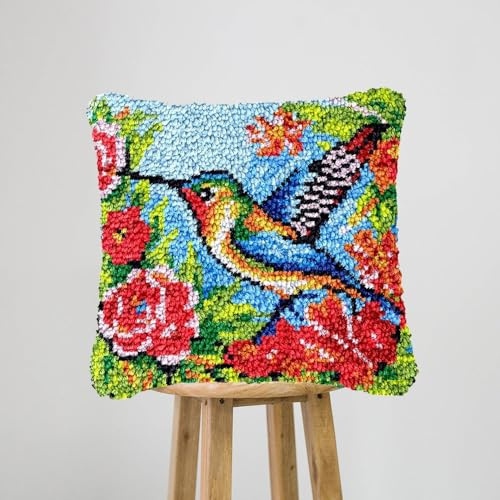 JILIP Hummingbird Latch Hook Pillow Kit for Adults DIY Needlework Pillowcas Hook and Latch Kit, Yarn Needle Craft Handmade Cushion with Printe 17 * 17