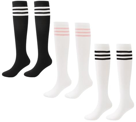 Lote de 3 pares de calcetines largos a rayas de animadora, por encima de la rodilla, para mujer y jugador de fútbol