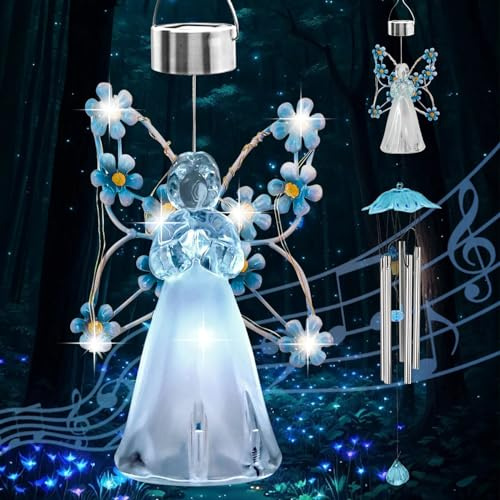 Strackvial Solar LED Angel Wind Chimes, Hanging Angel Wind Chime Light Decor, Waterproof LED Flower Fairy Landscape Light for Window Eave Gazebo Yard, Garden Decoration Gifts for Women (Blue)