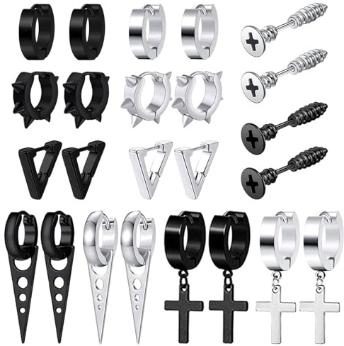 12 Paires Boucles d'Oreilles Noirs pour Hommes Acier Inoxydable Hypoallergénique Punk Boucles d'Oreilles Hip Hop Gothique Boucles d'Oreilles Créoles Noires pour Hommes Femmes