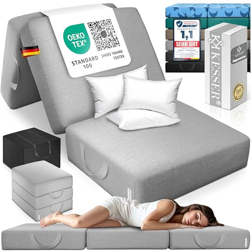 KESSER® Materasso pieghevole 90x200x15 cm, per ospiti, a 3 scomparti, gommapiuma 25 kg/m³, extra spesso, traspirante, lavabile, fodera rimovibile, con borsa