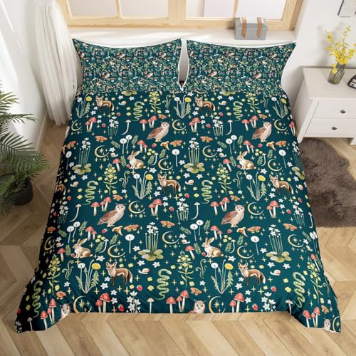 Homewish Grönt dubbelt påslakanset mikrofiber vändbart, vintage blommigt bäddset för flickor kvinnor, söt uggla kanin räv mönster sängkläder och linne, estetisk botanisk blomma påslakan