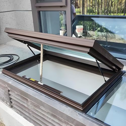 Finestra per tetto personalizzabile con apertura elettrica, vetro temperato e doppio strato, sollevamento a gas, telecomando e sensore di pioggia, per verande, seminterrati, soffitte(Brown,LxW 60x50cm