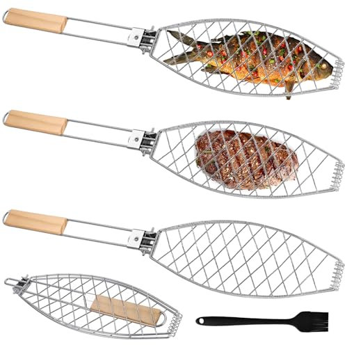 3er Set Fischbräter, 63x12cm Fisch Grillhalter mit Holzgriff, Faltbar Fischhalter zum Grillen mit 21cm Silikonbürste, Fischgrillgitter Tragbar Fischgrillzange für Grill und BBQ(Silber)