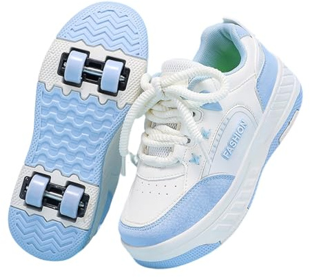 Surwin Kids Roller Skate Shoes for Girl Boy, Four Wheels Trainer Roller Skates Adult Teenager Unisex with Retractable Rear Wheels, Lightweight Outdoor Running Sneakers