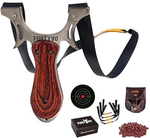 FURTYVO Kit Professionale da Tiro Adulti, Custodia in Pelle, 4 Elastici di Ricambio, 200 Pallini in Argilla Biodegradabile, Bersaglio Adesivo | Professionale da Caccia | Professionale di Precisione