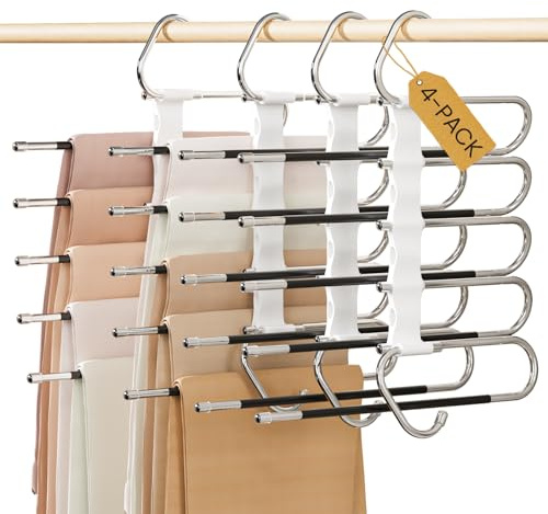 DAMITA Grucce Pantaloni Salvaspazio Appendiabiti Porta Pantaloni 4 Pezzo 5 in 1 Bianco per Armadio Appendini Multifunzionali Nessuna Installazione Adatto per Donne e Uomini Jeans Sciarpe Vestiti