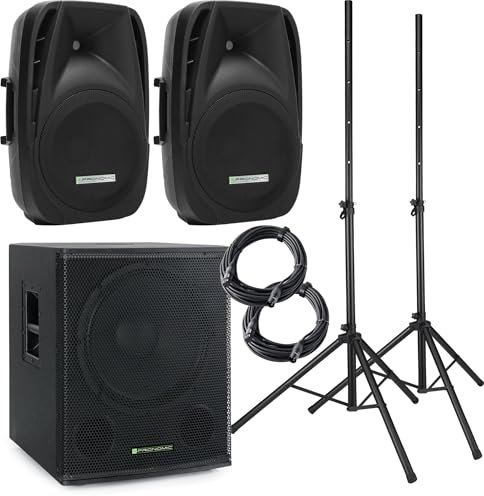 Pronomic 118S-212A Sistema PA Activo - Set PA Activo con 1 subwoofer de 18 y 2 satélites de 12 - 600 vatios de Potencia Total (RMS) - Incluye Soportes para Altavoces y Cables de 10 m